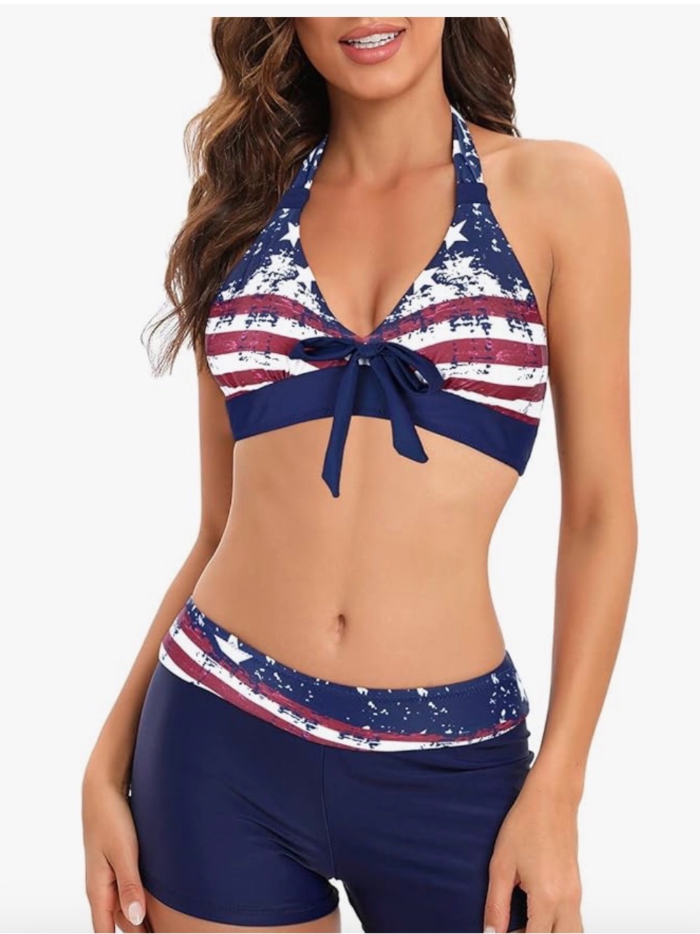 Patriotic Navy Halter Bikini Top and Swim Shorts Set NWOT